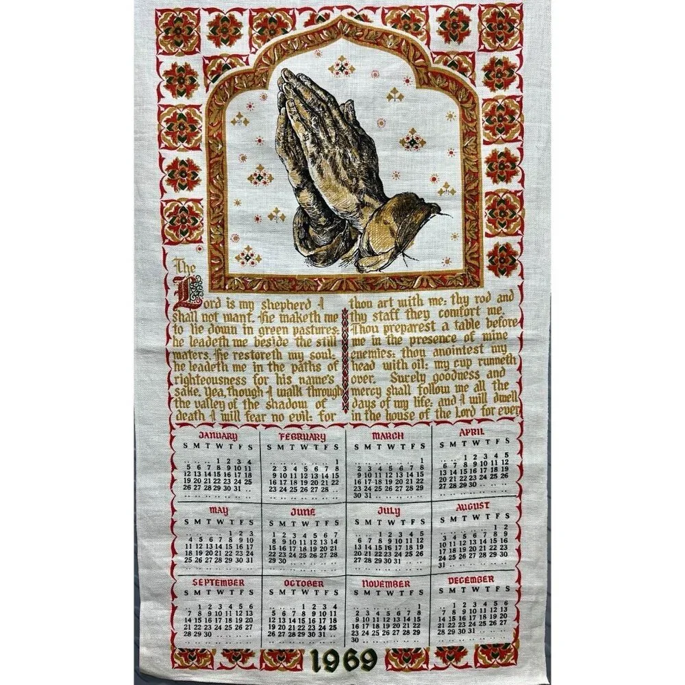 Vintage 1969 Linen Kitchen Towel Calendar The Lord’s Prayer 28” x 16.5”